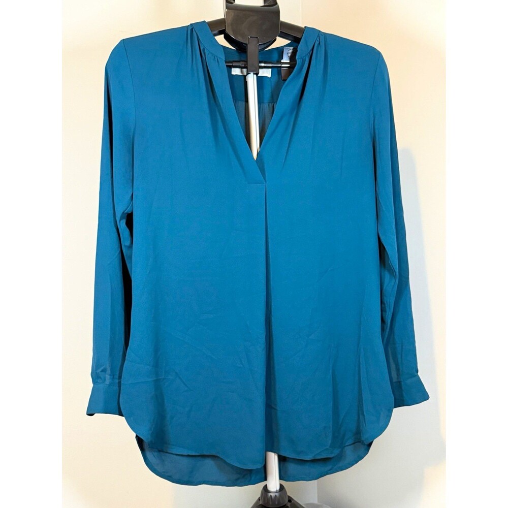 LOFT Women’s S Blue Solid V-Neck Long Sleeve Pullover Chiffon Pleated Blouse